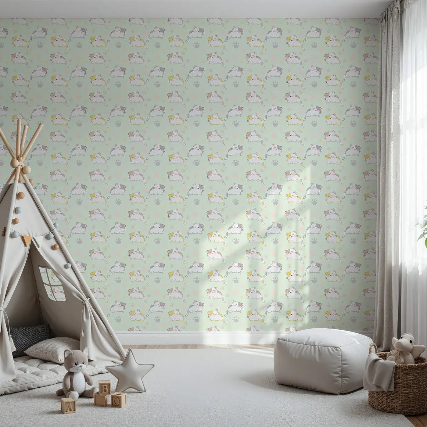 Front view of Whimsy Tots' Cozy Pawstep Kittens Wallpaper in Mint Green
