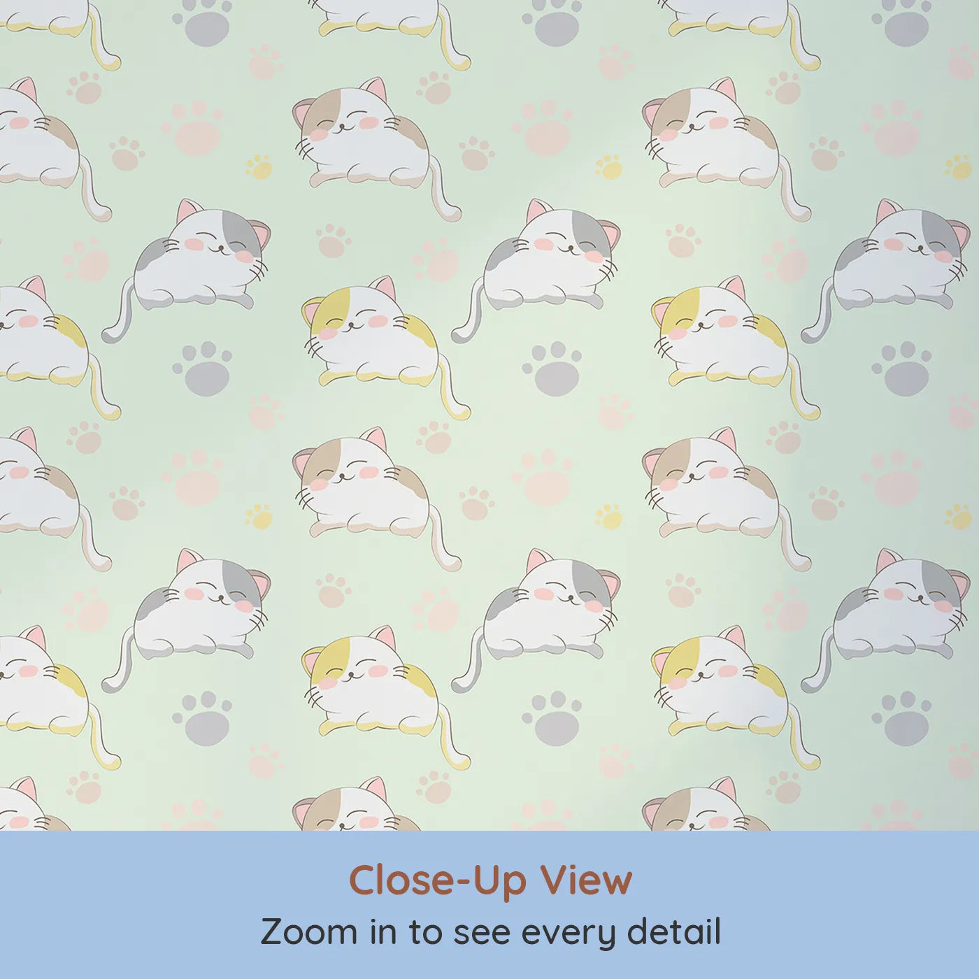 Close-up view of Whimsy Tots' Cozy Pawstep Kittens Wallpaper in Mint Green (W3099C).Sleepy kittens and mint pawprints tip-toe across green.