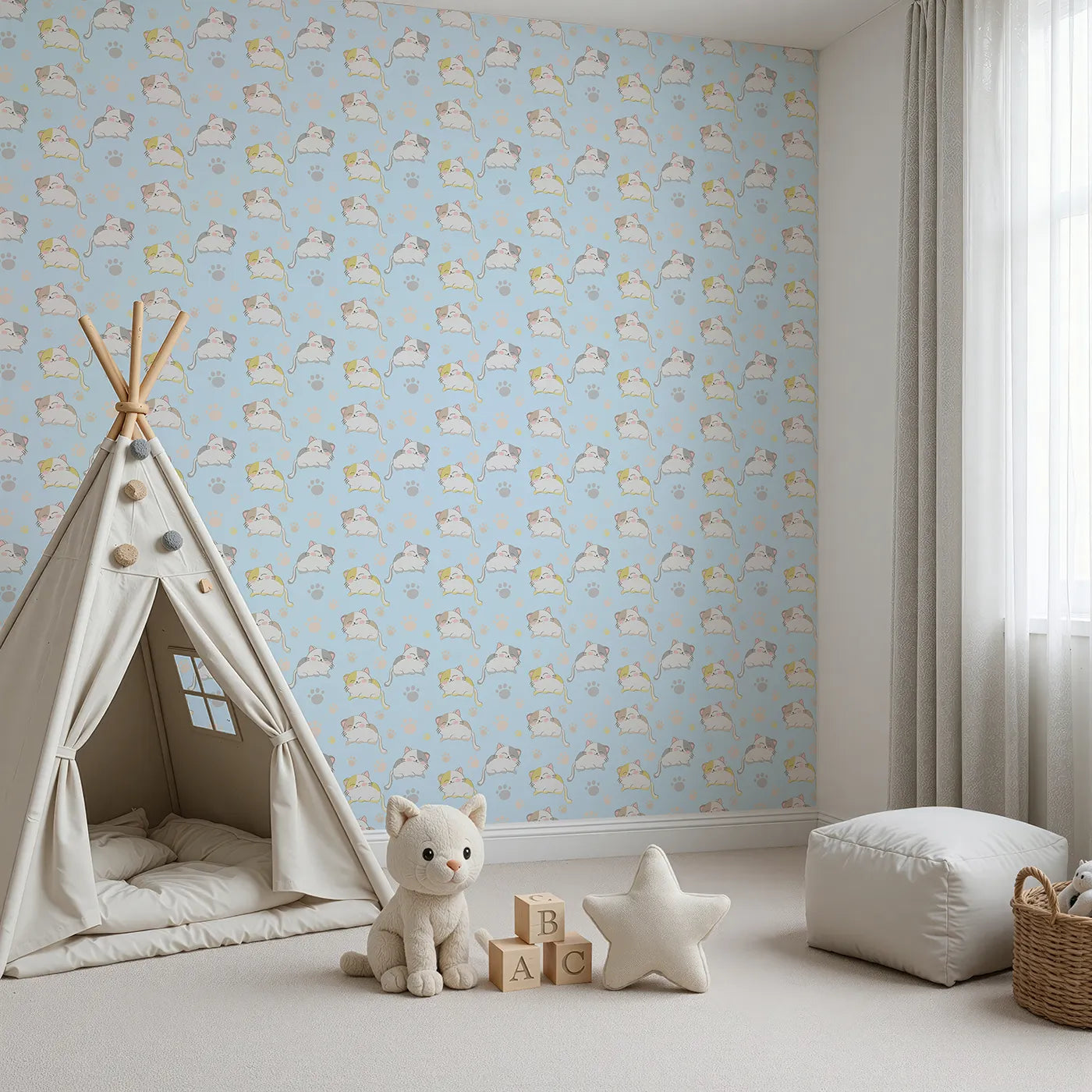 Angled view of Whimsy Tots' Cozy Pawstep Kittens Wallpaper in Sky Blue (W3099D).Sleepy kittens and sky-blue pawprints tip-toe across blue.
