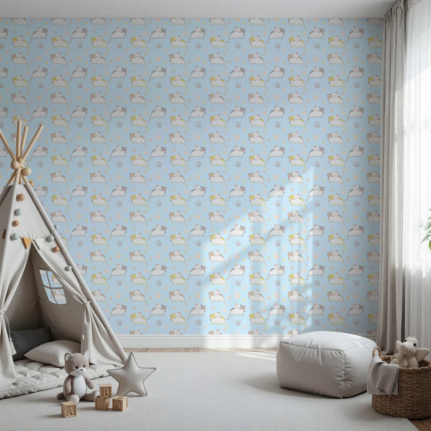 Front view of Whimsy Tots' Cozy Pawstep Kittens Wallpaper in Sky Blue
