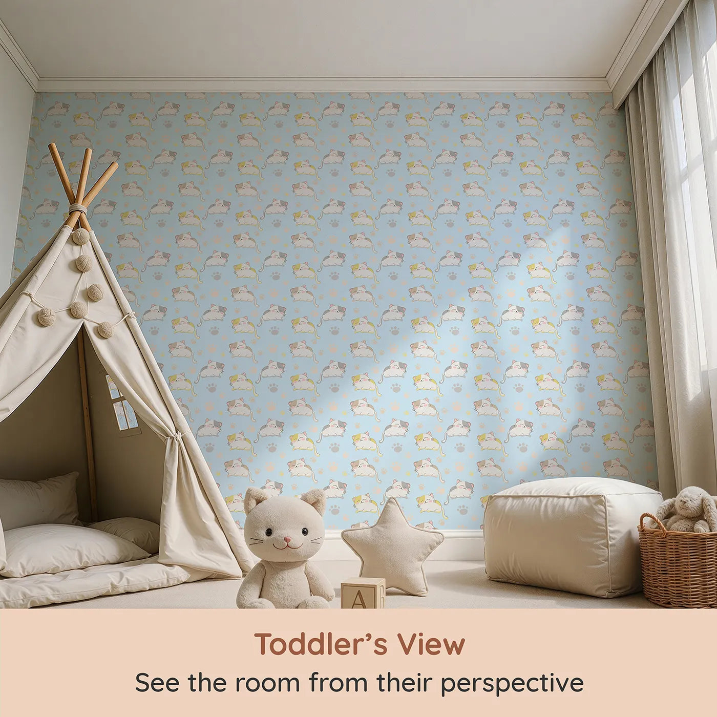 Whimsy Tots Cozy Pawstep Kittens Wallpaper in Sky Blue (W3099D) from your child's view.Sleepy kittens and sky-blue pawprints tip-toe across blue.
