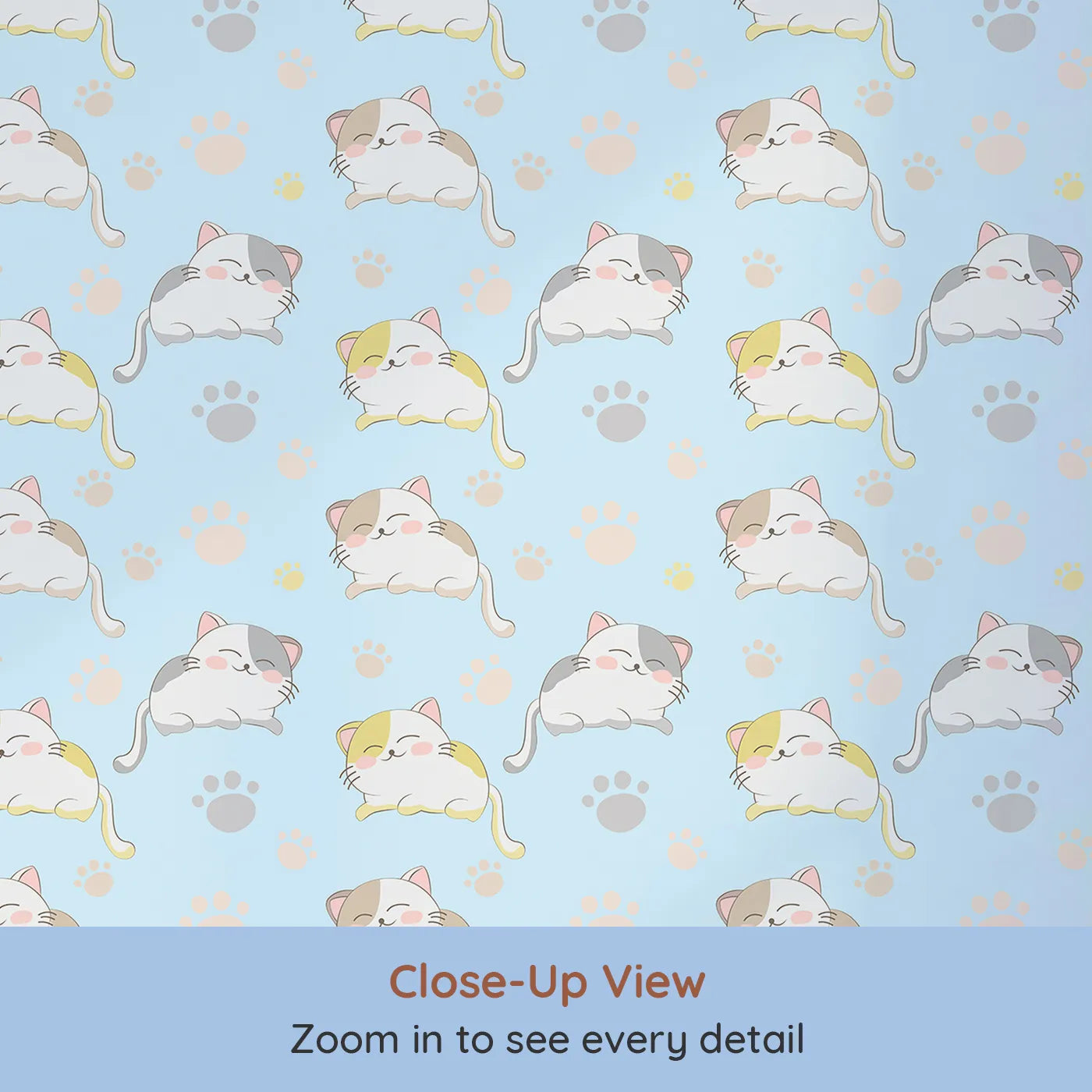 Close-up view of Whimsy Tots' Cozy Pawstep Kittens Wallpaper in Sky Blue (W3099D).Sleepy kittens and sky-blue pawprints tip-toe across blue.
