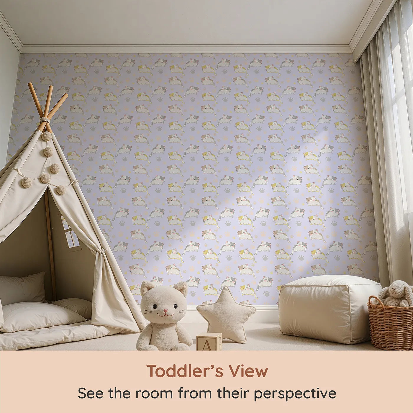 Whimsy Tots Cozy Pawstep Kittens Wallpaper in Lavender Purple (W3099E) from your child's view.Sleepy kittens and lilac pawprints tip-toe across purple.