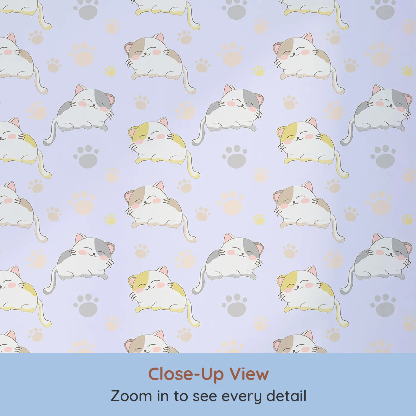 Close-up view of Whimsy Tots' Cozy Pawstep Kittens Wallpaper in Lavender Purple (W3099E).Sleepy kittens and lilac pawprints tip-toe across purple.