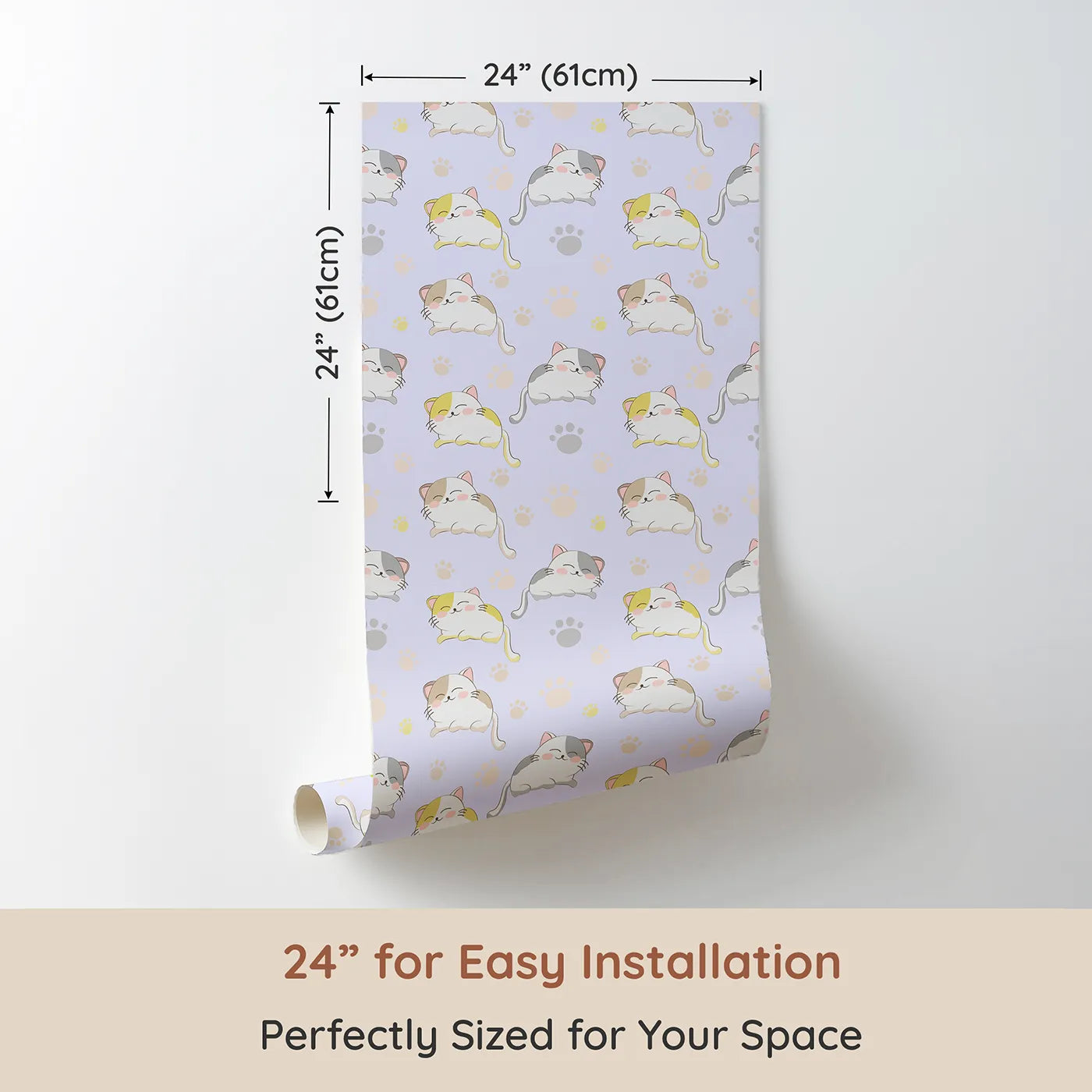 Dimension view of Whimsy Tots Cozy Pawstep Kittens Wallpaper in Lavender Purple (W3099E). Printed in 24-inch-wide panel for easy installation. Sleepy kittens and lilac pawprints tip-toe across purple.