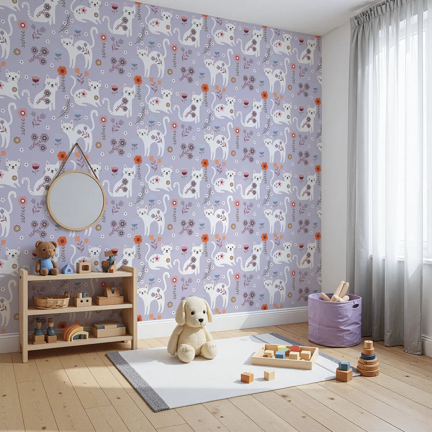 Angled view of Whimsy Tots' Floral Kitty Parade Wallpaper in Lavender Mist (W3100A).Sweet white kitties and blooming florals turn their space into a purr-fect place to dream.