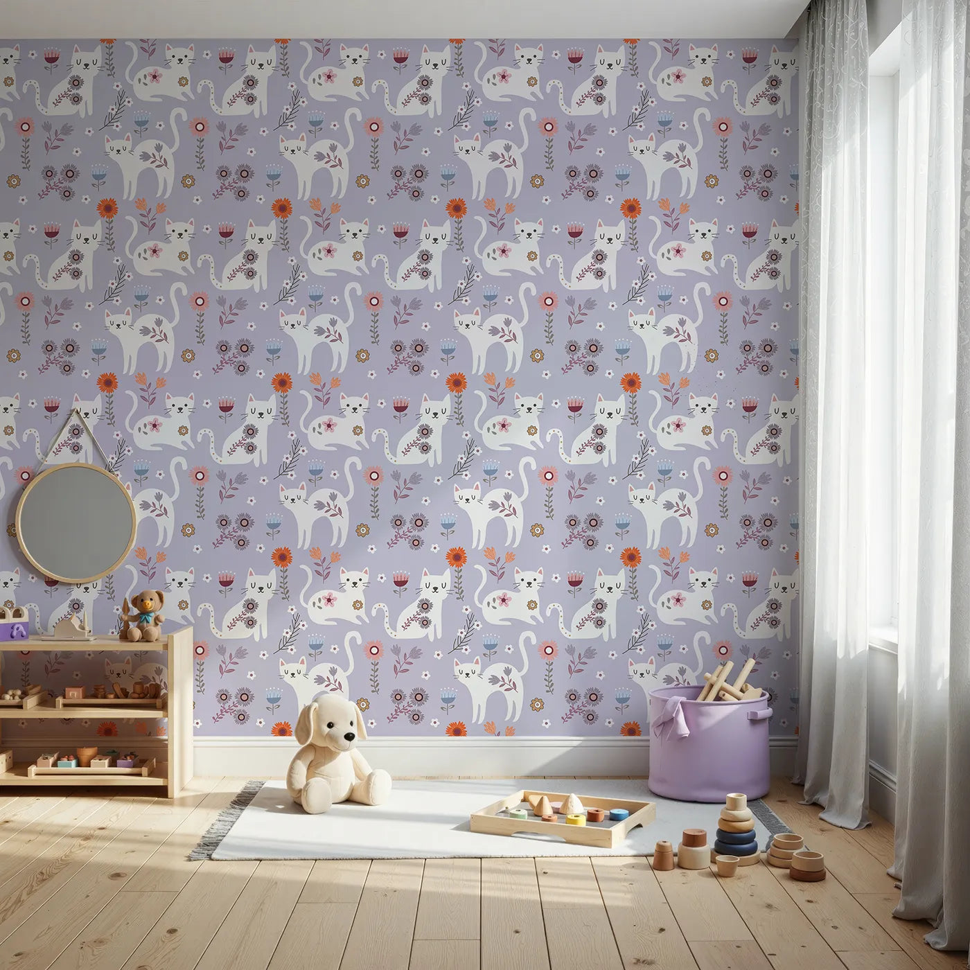 Front view of Whimsy Tots' Floral Kitty Parade Wallpaper in Lavender Mist