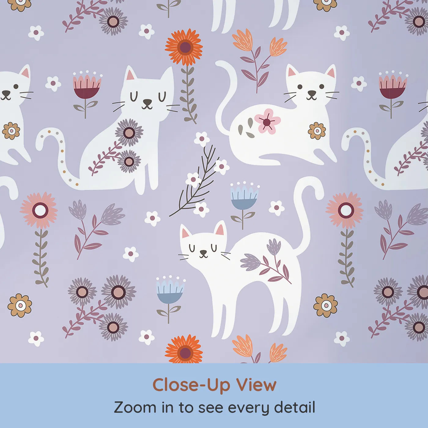 Close-up view of Whimsy Tots' Floral Kitty Parade Wallpaper in Lavender Mist (W3100A).Sweet white kitties and blooming florals turn their space into a purr-fect place to dream.