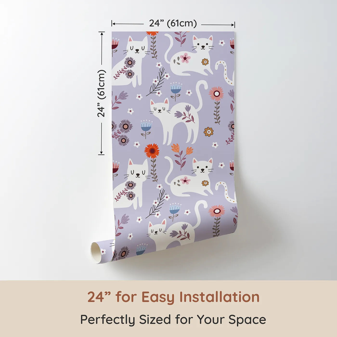 Dimension view of Whimsy Tots Floral Kitty Parade Wallpaper in Lavender Mist (W3100A). Printed in 24-inch-wide panel for easy installation. Sweet white kitties and blooming florals turn their space into a purr-fect place to dream.