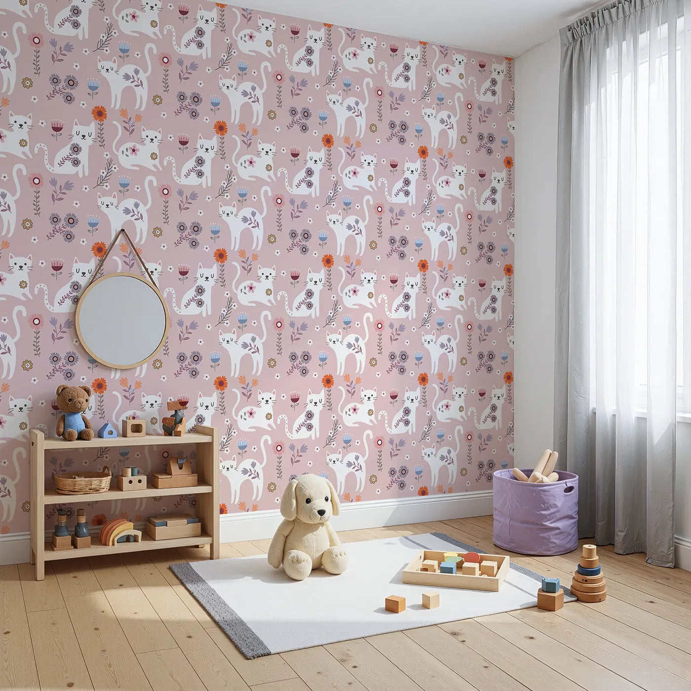 Angled view of Whimsy Tots' Floral Kitty Parade Wallpaper in Dusty Rose Pink (W3100B).White kittens and blooming florals bring softness and smiles to every corner.