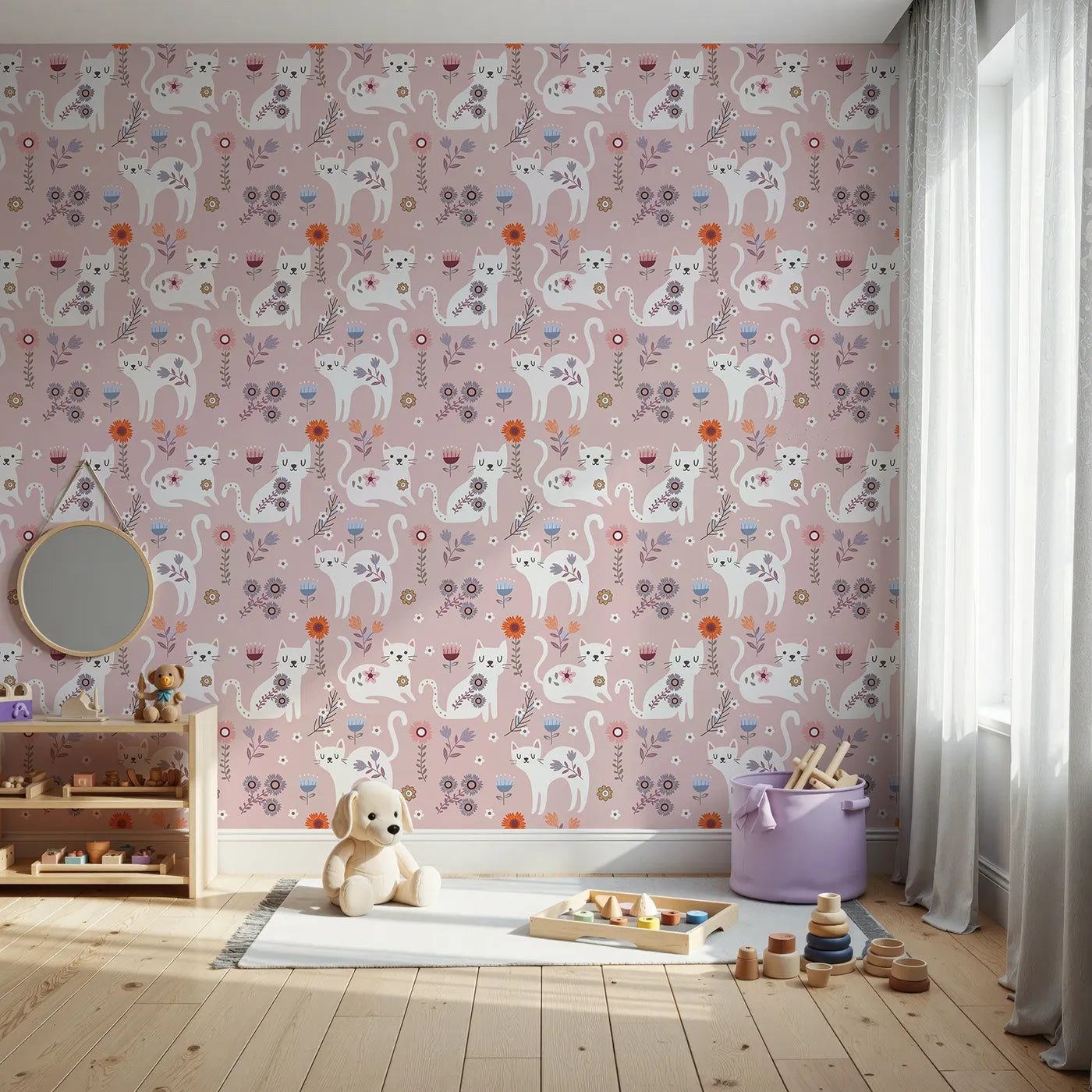 Front view of Whimsy Tots' Floral Kitty Parade Wallpaper in Dusty Rose Pink
