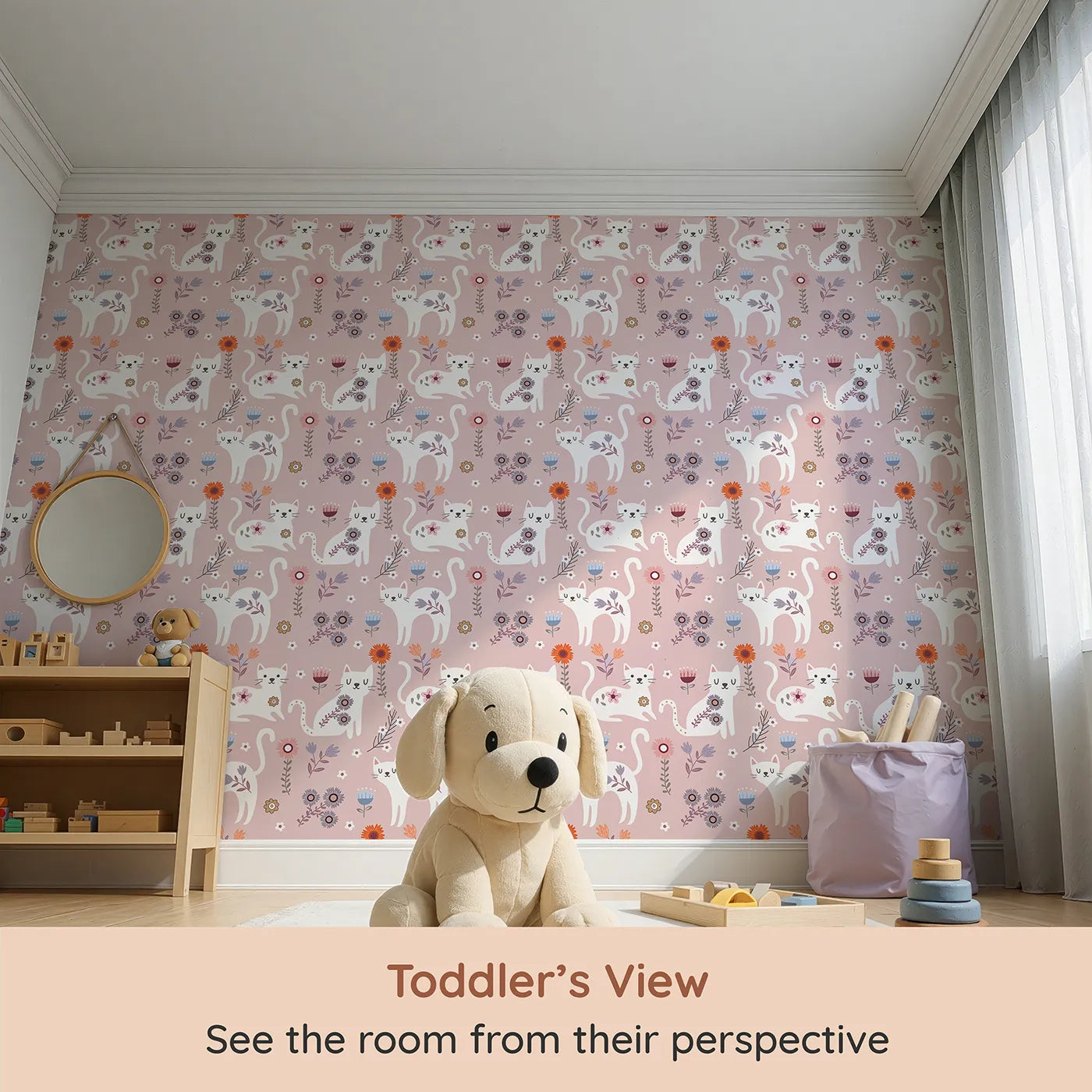 Whimsy Tots Floral Kitty Parade Wallpaper in Dusty Rose Pink (W3100B) from your child's view.White kittens and blooming florals bring softness and smiles to every corner.
