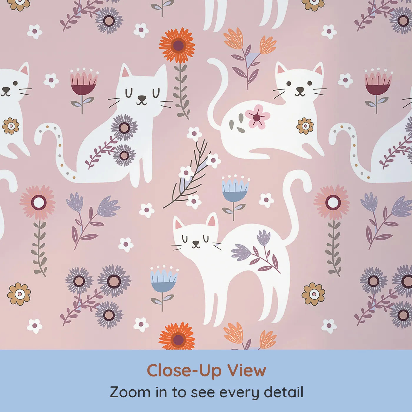 Close-up view of Whimsy Tots' Floral Kitty Parade Wallpaper in Dusty Rose Pink (W3100B).White kittens and blooming florals bring softness and smiles to every corner.