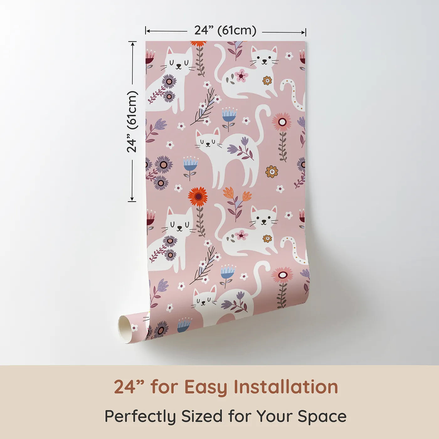 Dimension view of Whimsy Tots Floral Kitty Parade Wallpaper in Dusty Rose Pink (W3100B). Printed in 24-inch-wide panel for easy installation. White kittens and blooming florals bring softness and smiles to every corner.