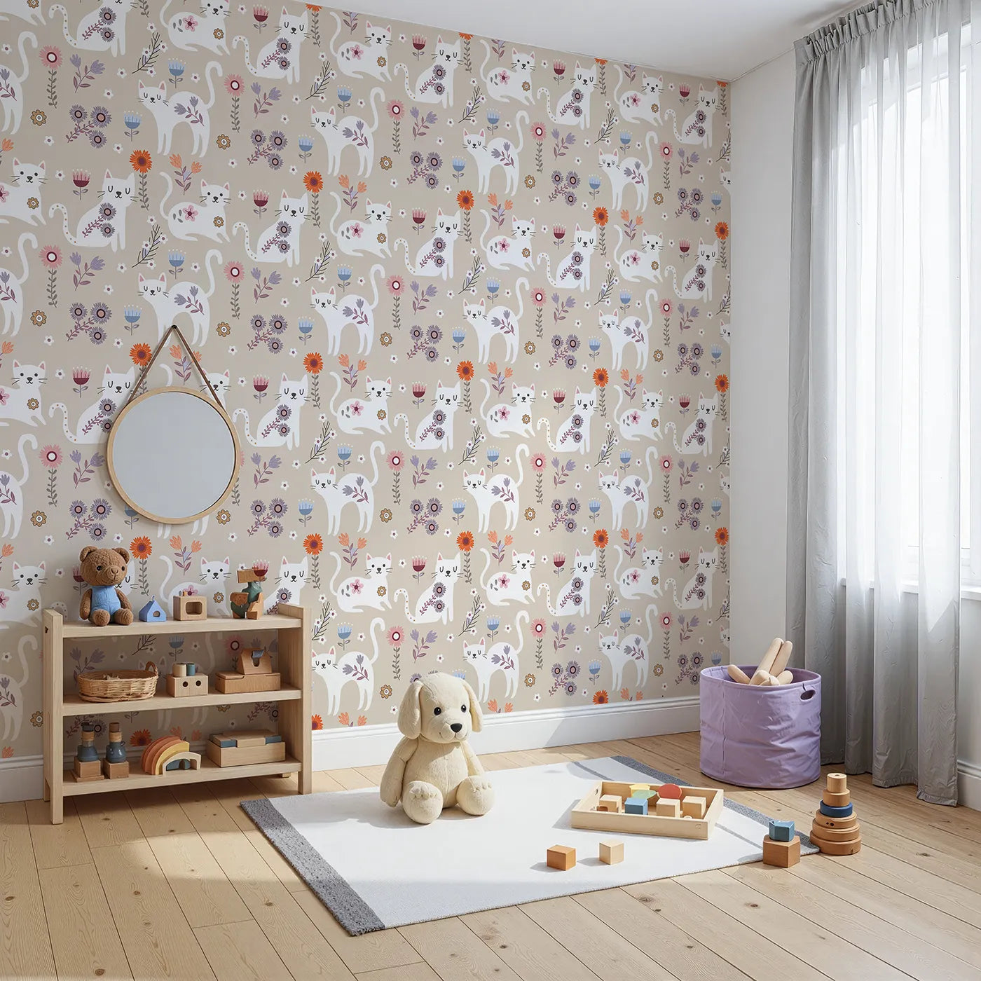 Angled view of Whimsy Tots' Floral Kitty Parade Wallpaper in Oat Beige (W3100C).Whimsical kittens and earthy blooms invite calm cuddles and sweet daydreams.