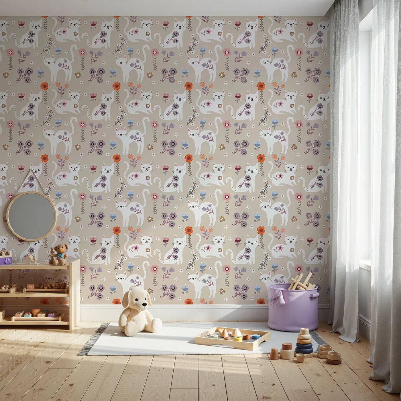 Front view of Whimsy Tots' Floral Kitty Parade Wallpaper in Oat Beige