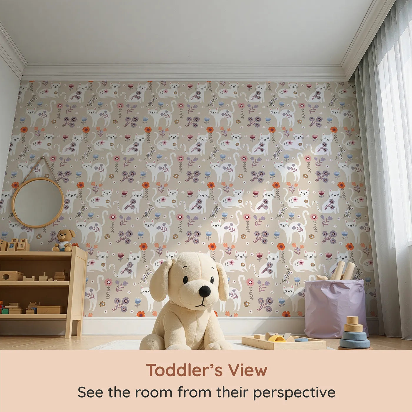 Whimsy Tots Floral Kitty Parade Wallpaper in Oat Beige (W3100C) from your child's view.Whimsical kittens and earthy blooms invite calm cuddles and sweet daydreams.