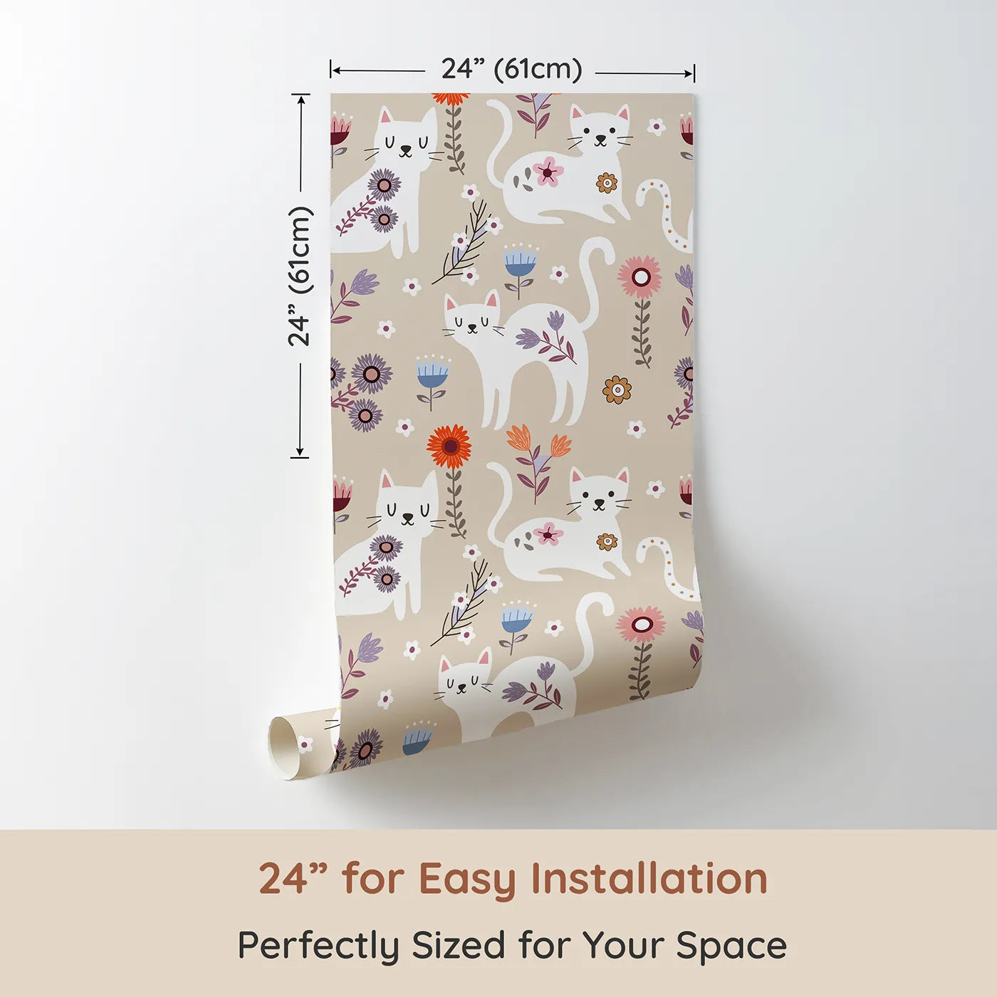 Dimension view of Whimsy Tots Floral Kitty Parade Wallpaper in Oat Beige (W3100C). Printed in 24-inch-wide panel for easy installation. Whimsical kittens and earthy blooms invite calm cuddles and sweet daydreams.
