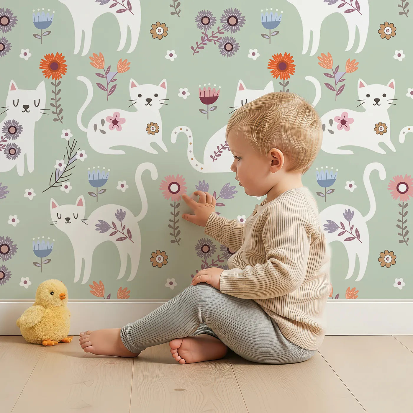 Lovely child standing in front of Whimsy Tots Floral Kitty Parade Wallpaper in Meadow Green with cat, flower, kitten, leaf in design.