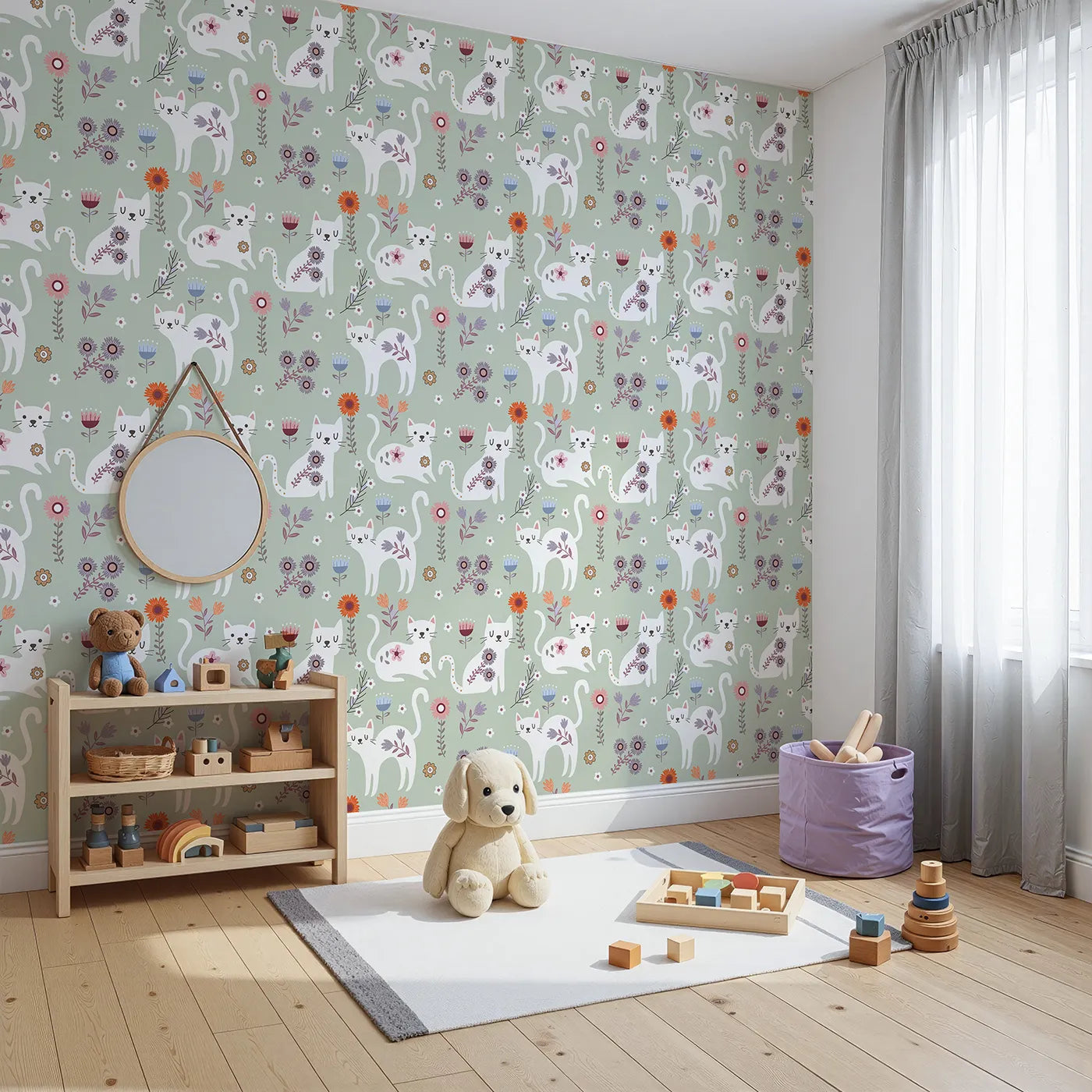 Angled view of Whimsy Tots' Floral Kitty Parade Wallpaper in Meadow Green (W3100D).White kittens and garden florals bloom on a fresh green backdrop.