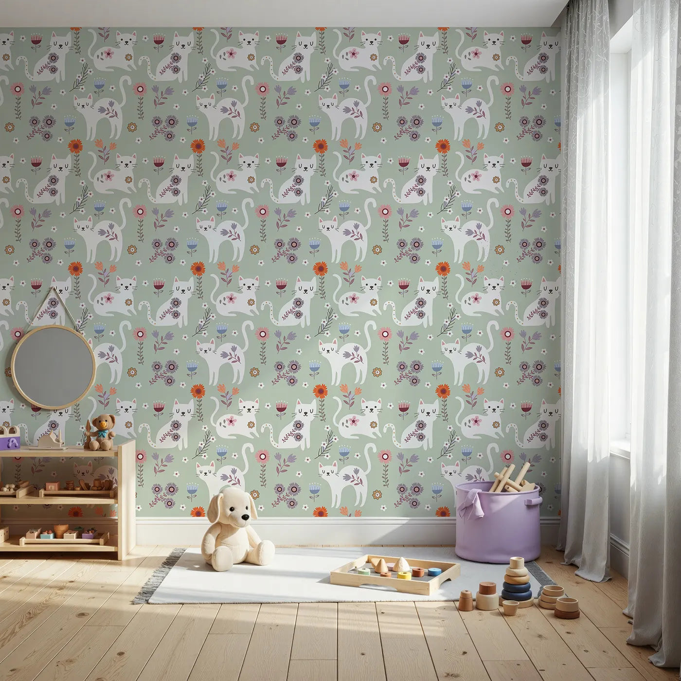 Front view of Whimsy Tots' Floral Kitty Parade Wallpaper in Meadow Green