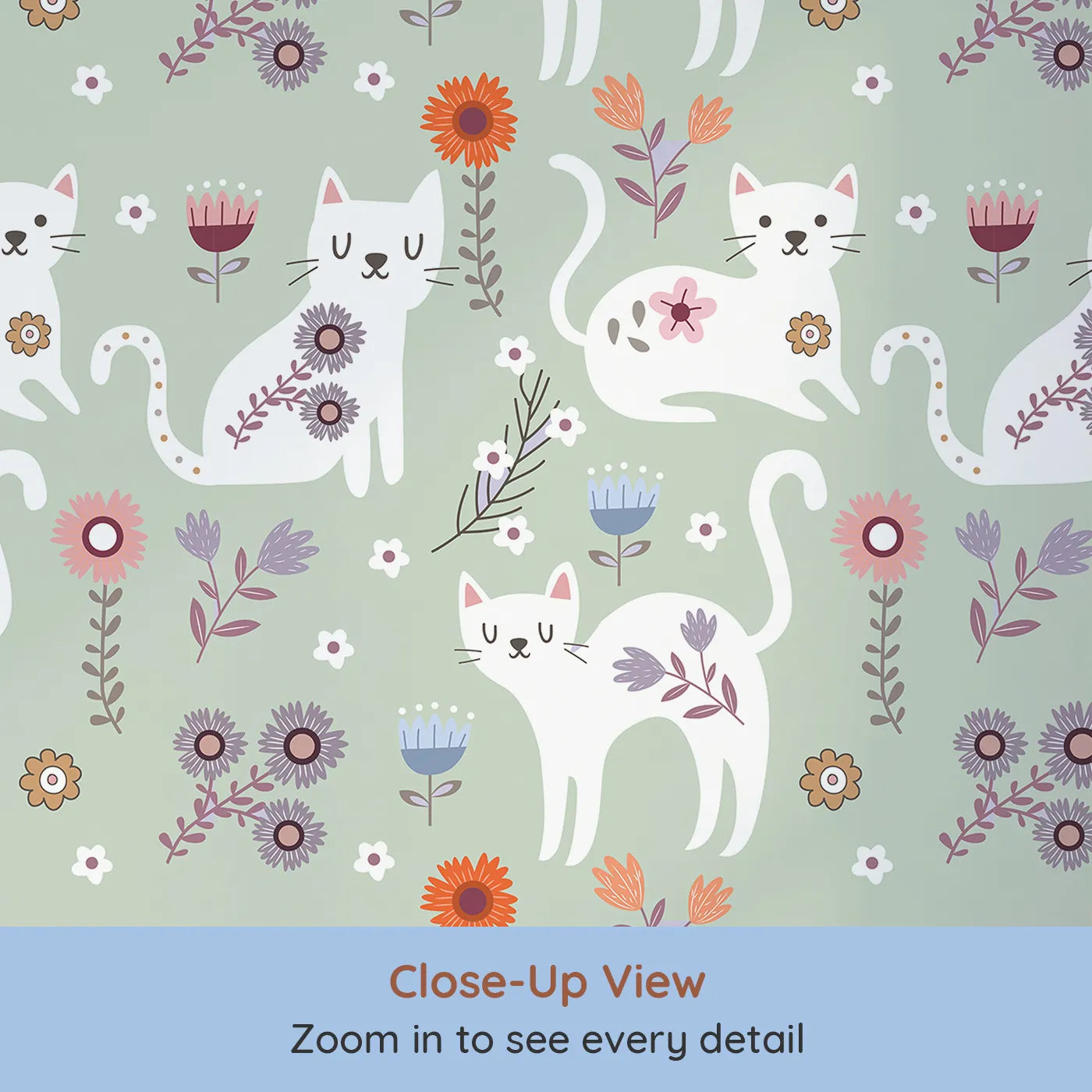 Close-up view of Whimsy Tots' Floral Kitty Parade Wallpaper in Meadow Green (W3100D).White kittens and garden florals bloom on a fresh green backdrop.