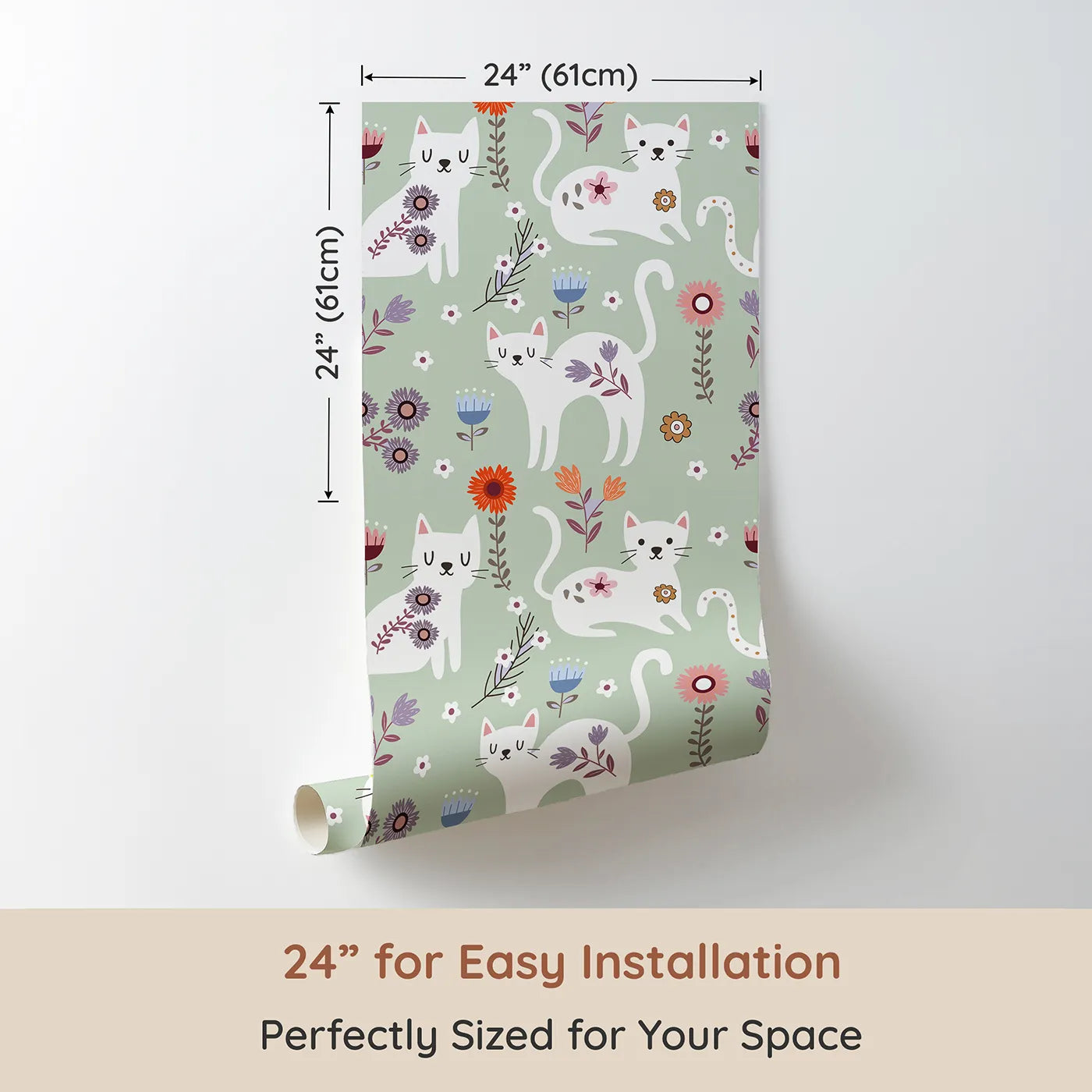 Dimension view of Whimsy Tots Floral Kitty Parade Wallpaper in Meadow Green (W3100D). Printed in 24-inch-wide panel for easy installation. White kittens and garden florals bloom on a fresh green backdrop.
