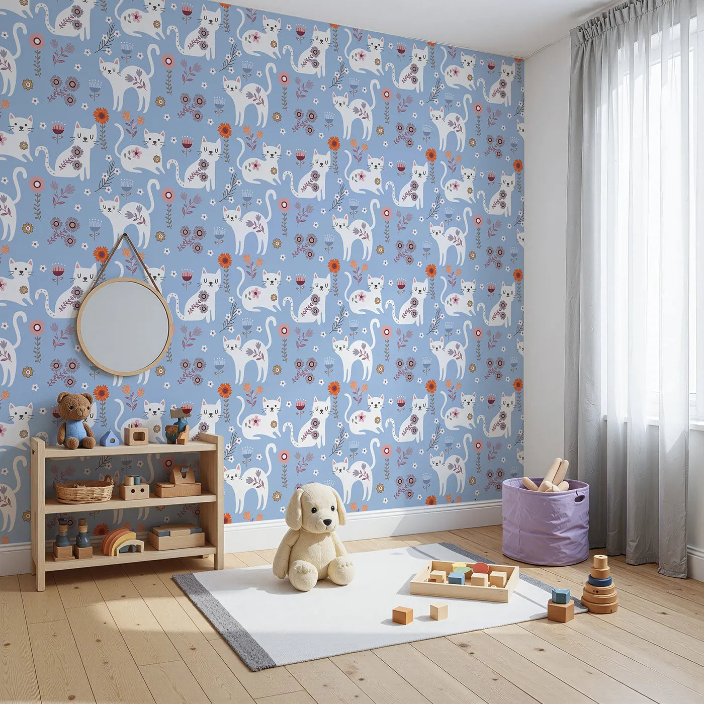 Angled view of Whimsy Tots' Floral Kitty Parade Wallpaper in Sky Blue (W3100E).White kittens bloom among sky-blue petals and sunny smiles.