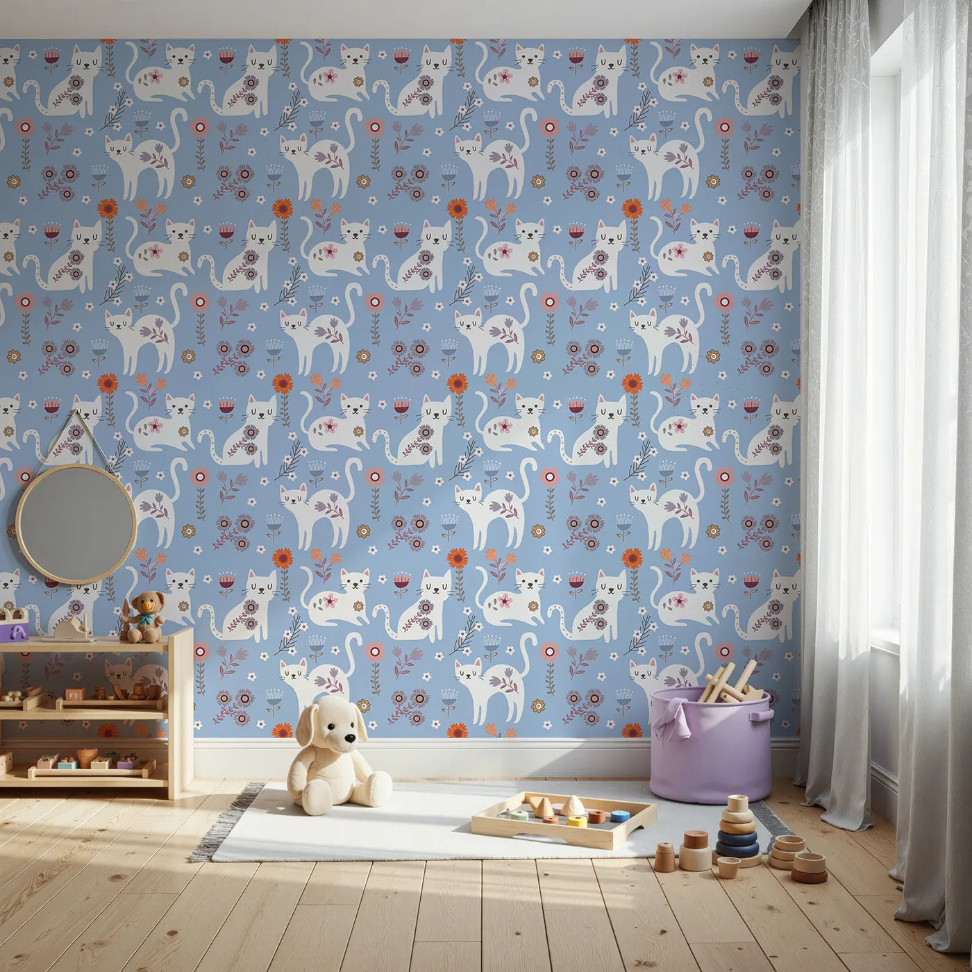 Front view of Whimsy Tots' Floral Kitty Parade Wallpaper in Sky Blue