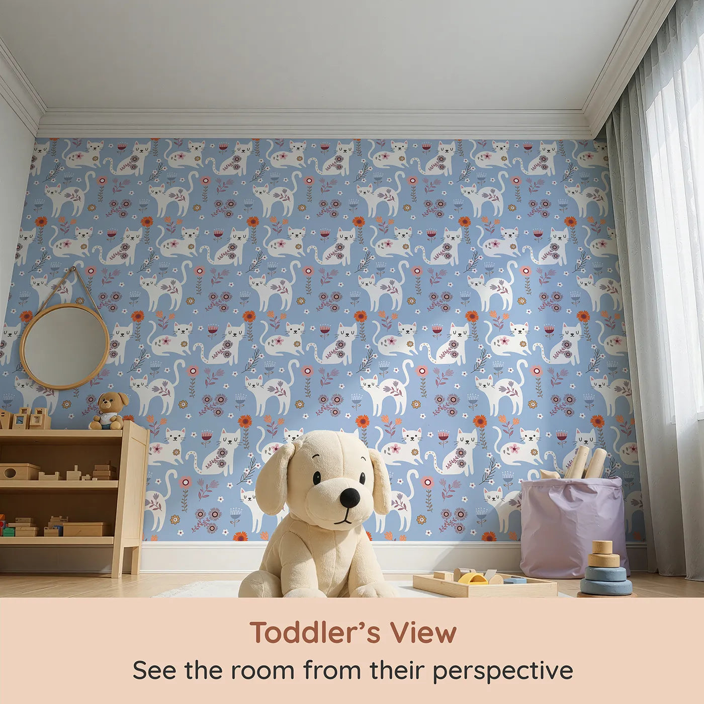 Whimsy Tots Floral Kitty Parade Wallpaper in Sky Blue (W3100E) from your child's view.White kittens bloom among sky-blue petals and sunny smiles.