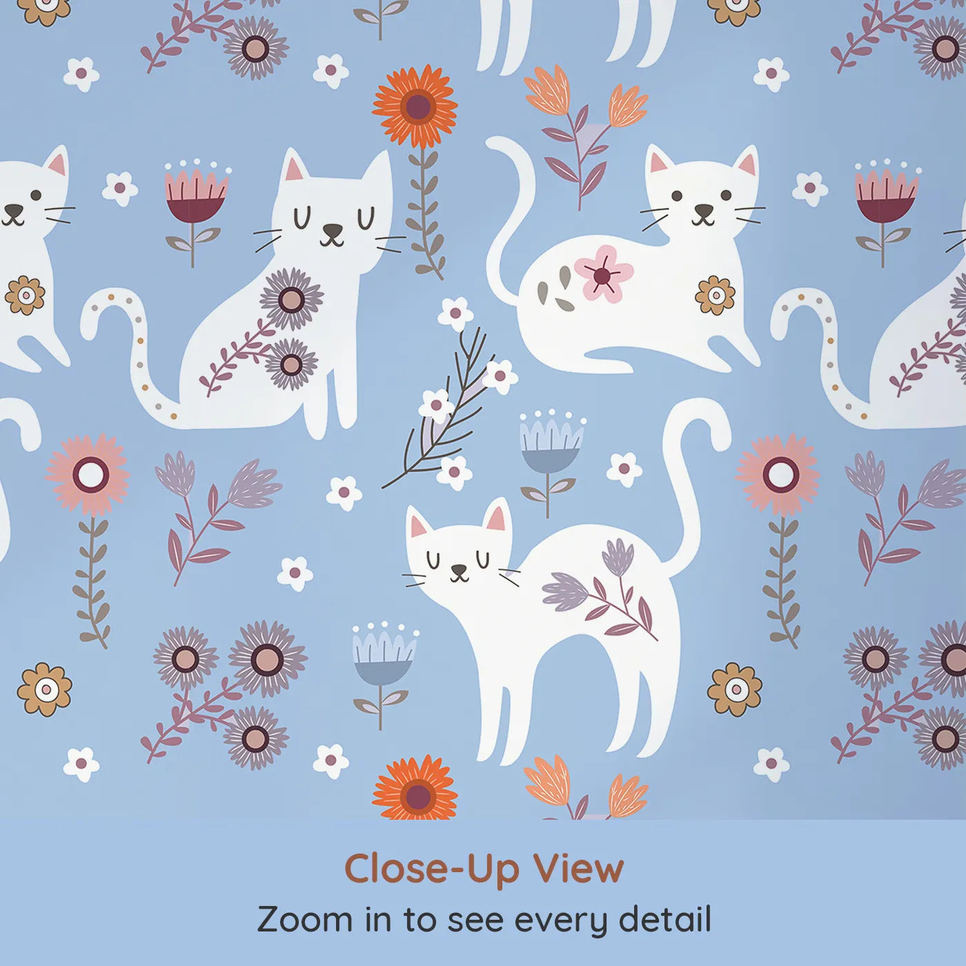 Close-up view of Whimsy Tots' Floral Kitty Parade Wallpaper in Sky Blue (W3100E).White kittens bloom among sky-blue petals and sunny smiles.