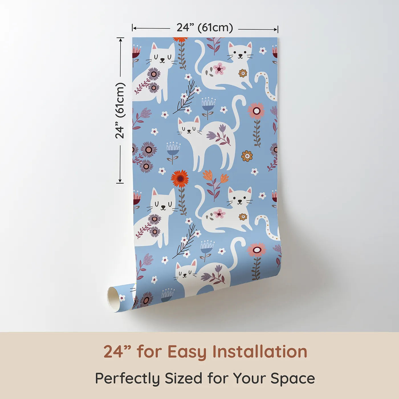 Dimension view of Whimsy Tots Floral Kitty Parade Wallpaper in Sky Blue (W3100E). Printed in 24-inch-wide panel for easy installation. White kittens bloom among sky-blue petals and sunny smiles.