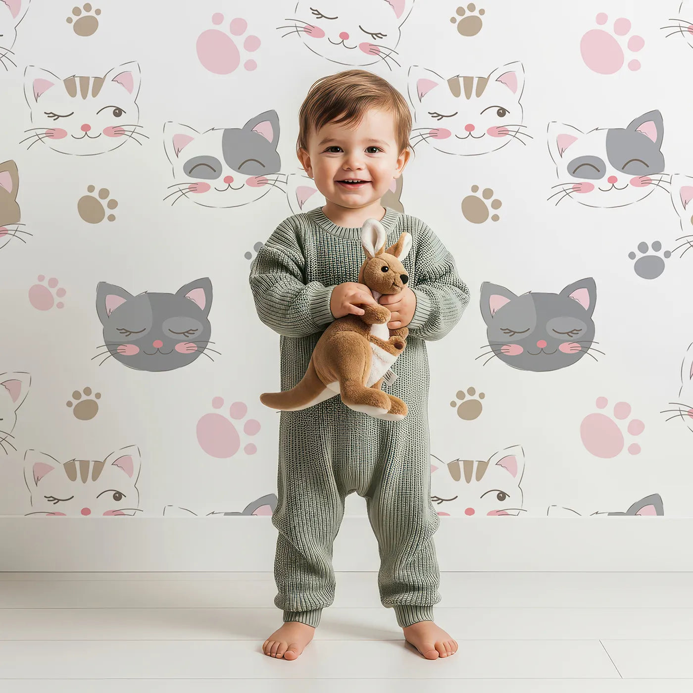 Lovely child standing in front of Whimsy Tots Whisker Wink Kitty Wallpaper in White with cat, pawprint, whisker, smile in design.