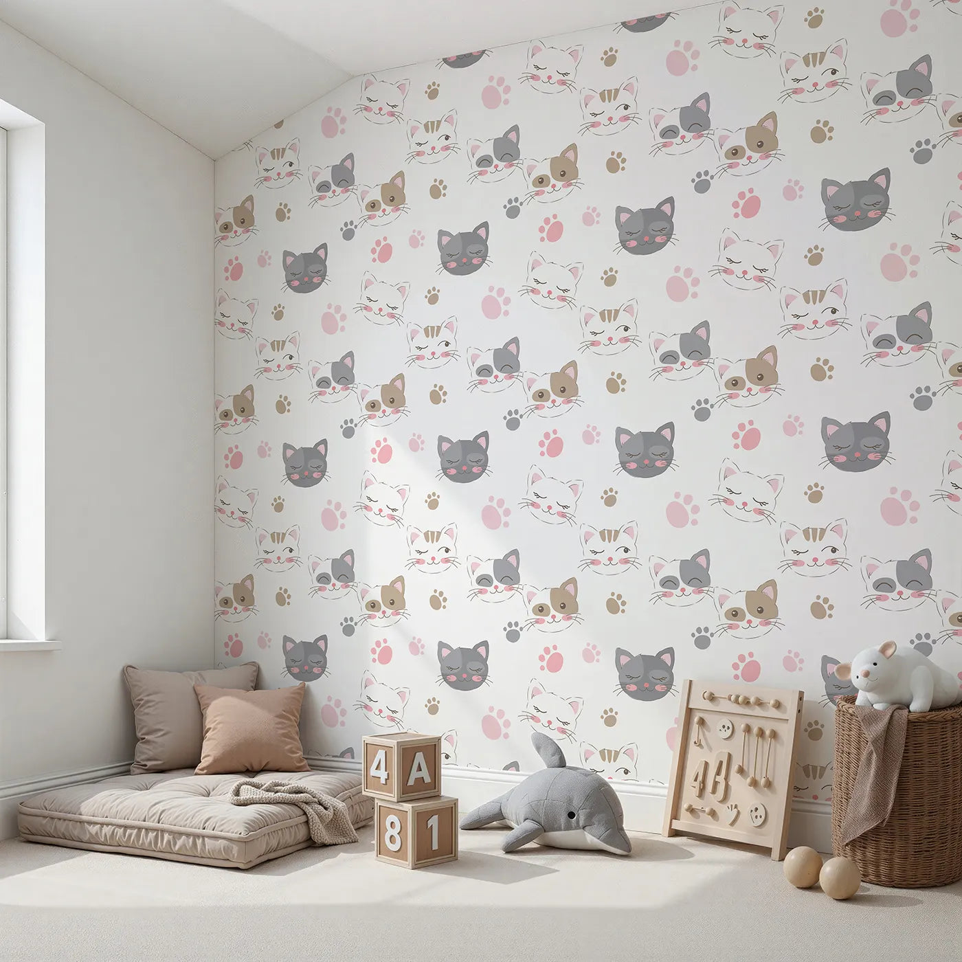 Angled view of Whimsy Tots' Whisker Wink Kitty Wallpaper in White (W3101A).Cheeky cat faces and pawprints spark playful grins.