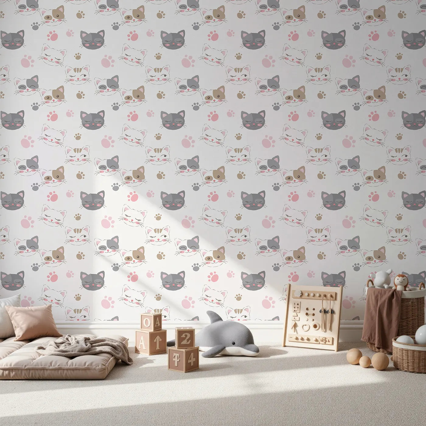 Front view of Whimsy Tots' Whisker Wink Kitty Wallpaper in White