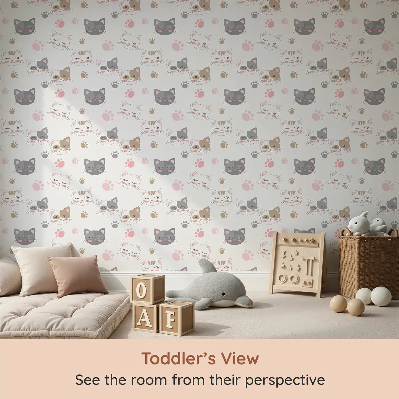 Whimsy Tots Whisker Wink Kitty Wallpaper in White (W3101A) from your child's view.Cheeky cat faces and pawprints spark playful grins.