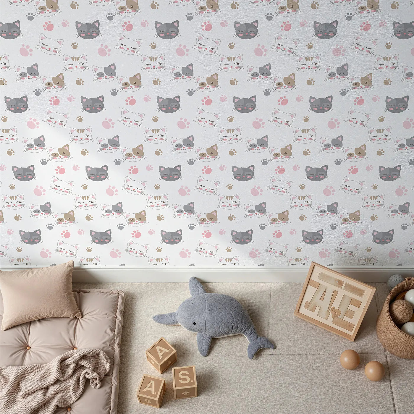 Top-Down view of Whimsy Tots' Whisker Wink Kitty Wallpaper in White (W3101A).Cheeky cat faces and pawprints spark playful grins.