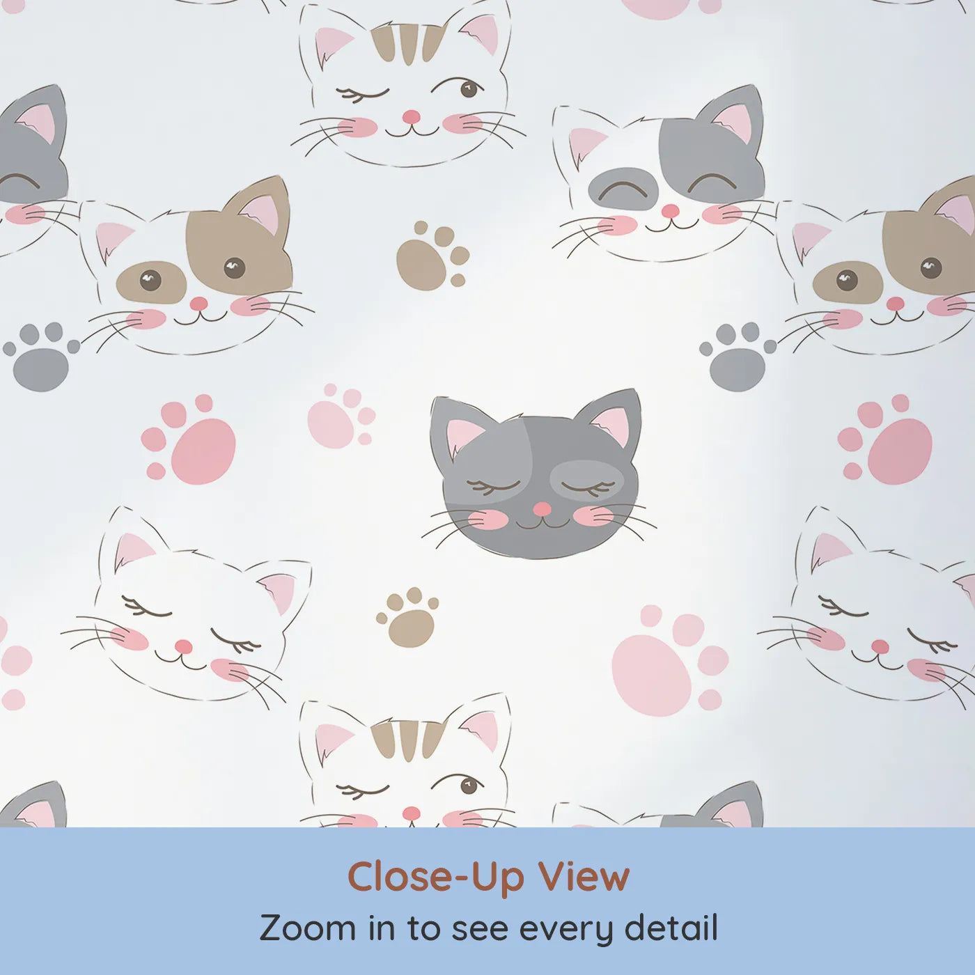 Close-up view of Whimsy Tots' Whisker Wink Kitty Wallpaper in White (W3101A).Cheeky cat faces and pawprints spark playful grins.