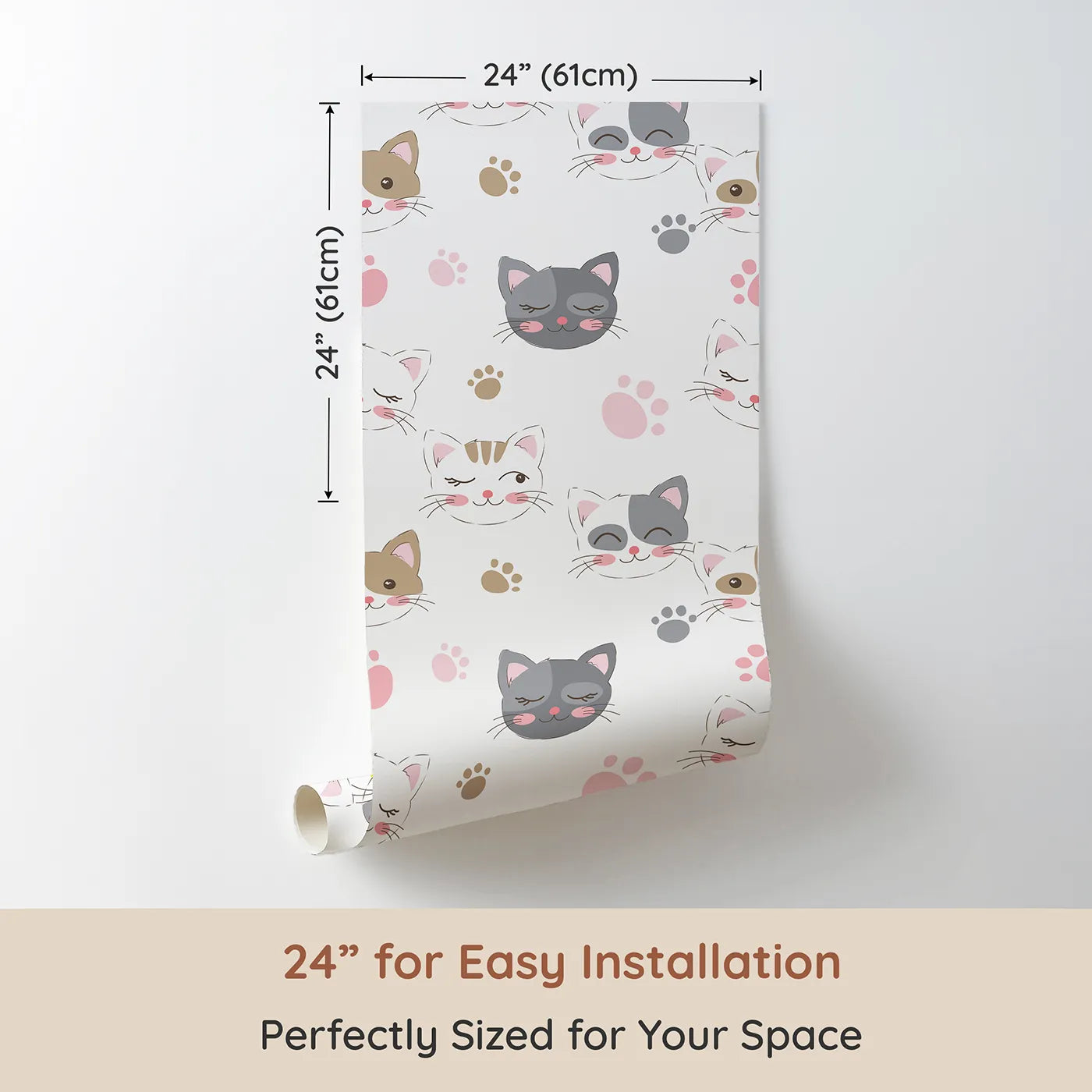 Dimension view of Whimsy Tots Whisker Wink Kitty Wallpaper in White (W3101A). Printed in 24-inch-wide panel for easy installation. Cheeky cat faces and pawprints spark playful grins.