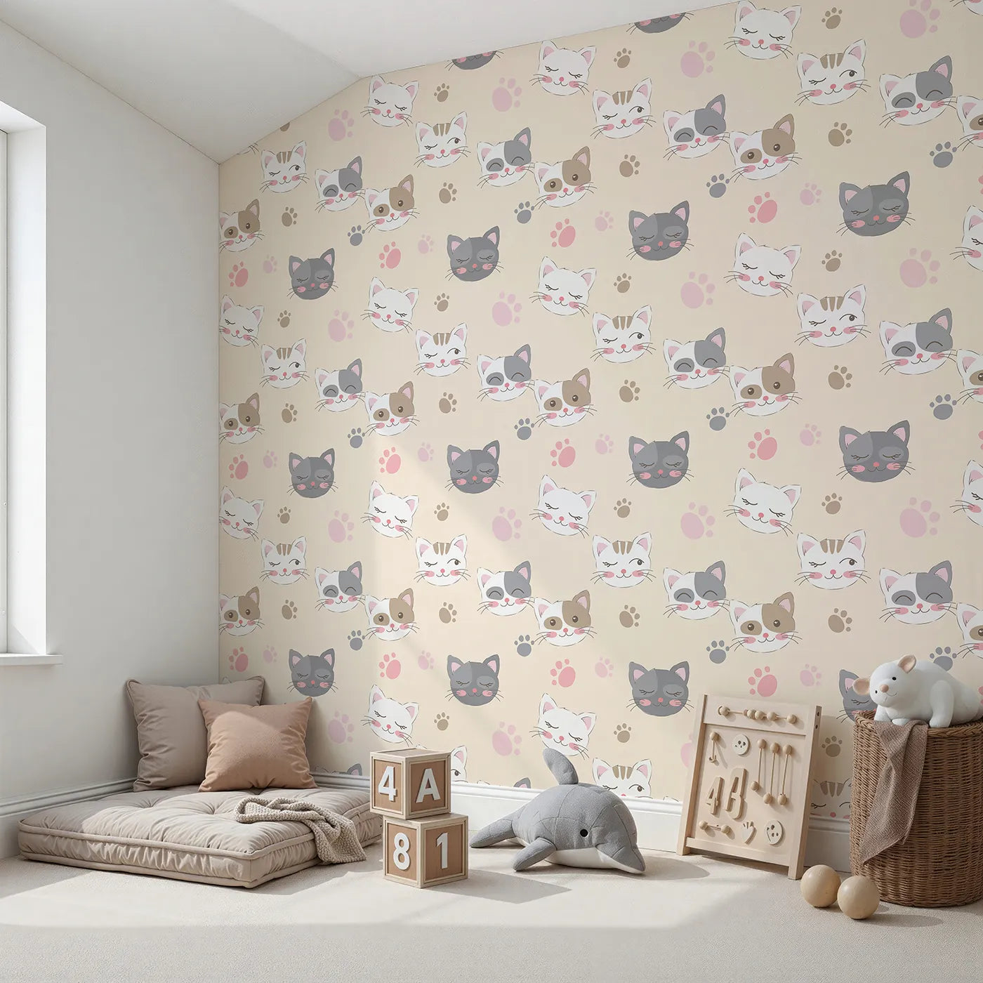 Angled view of Whimsy Tots' Whisker Wink Kitty Wallpaper in Beige (W3101B).Cheeky cat faces and pawprints spark playful grins.