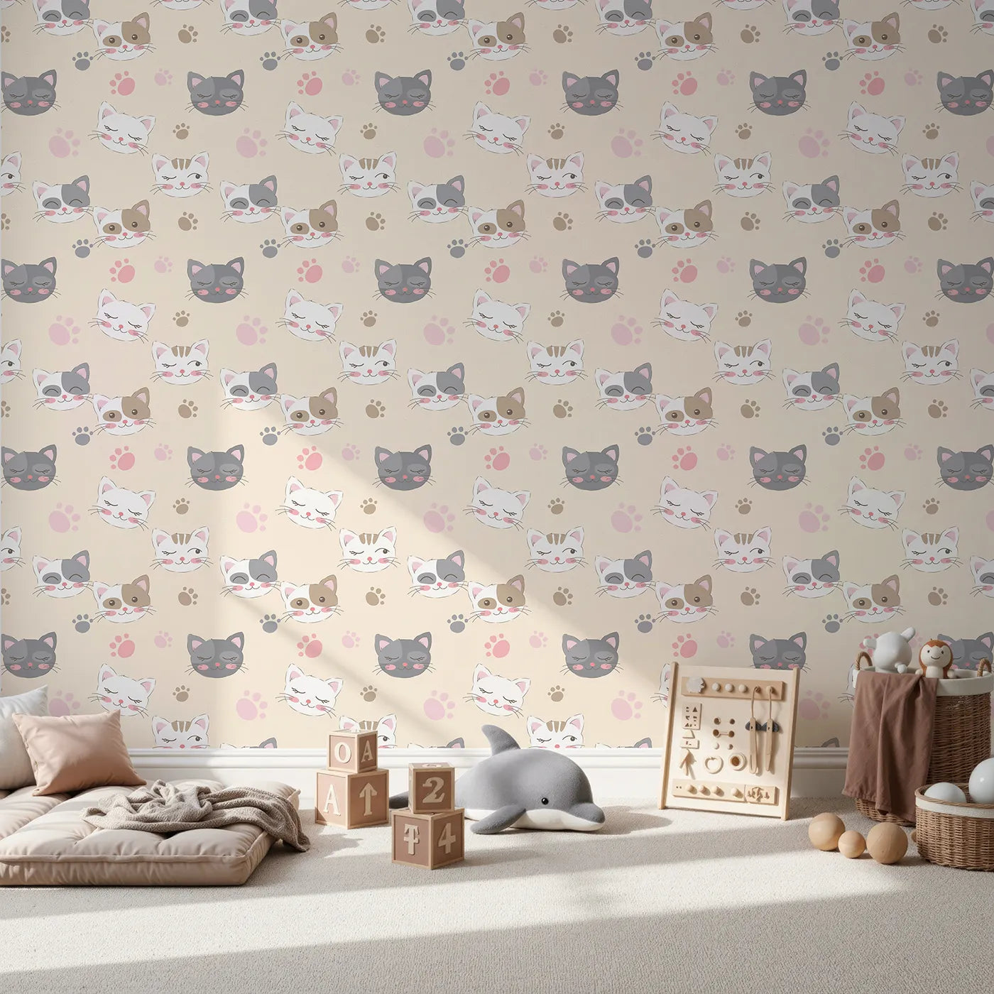 Front view of Whimsy Tots' Whisker Wink Kitty Wallpaper in Beige