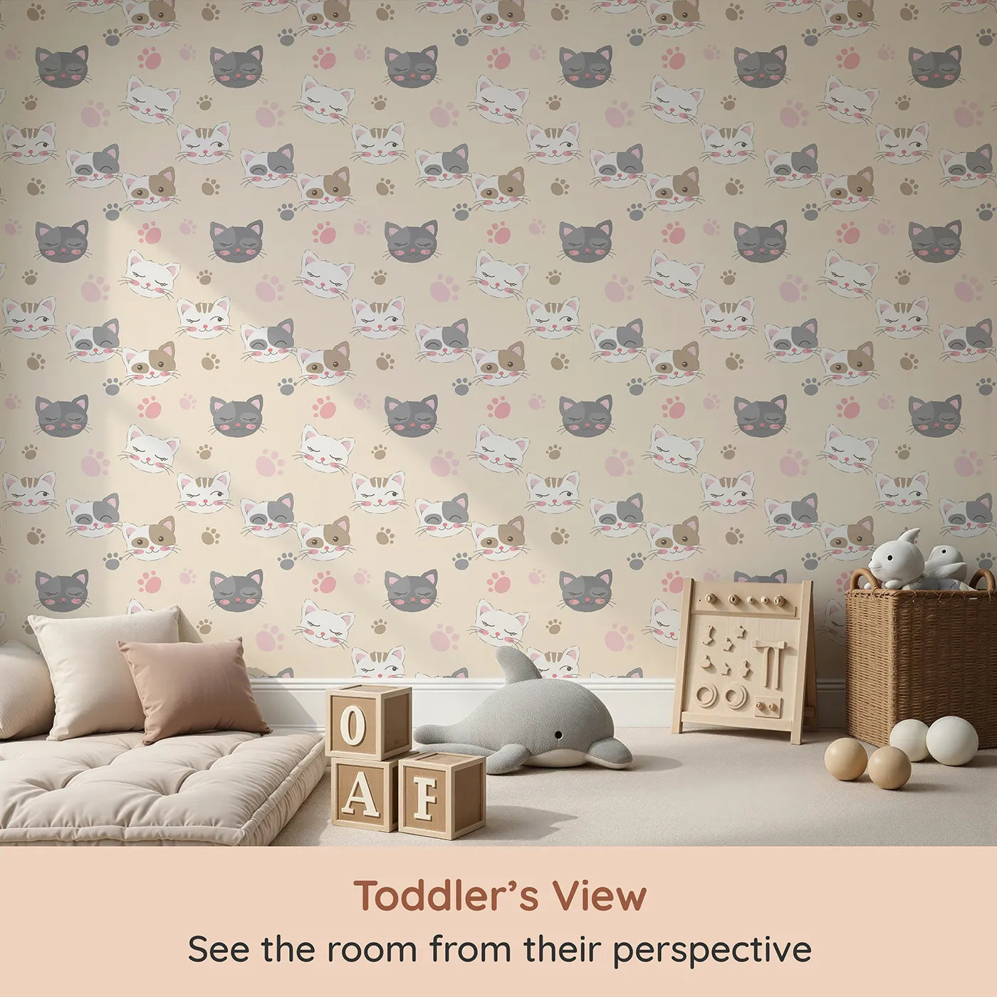 Whimsy Tots Whisker Wink Kitty Wallpaper in Beige (W3101B) from your child's view.Cheeky cat faces and pawprints spark playful grins.