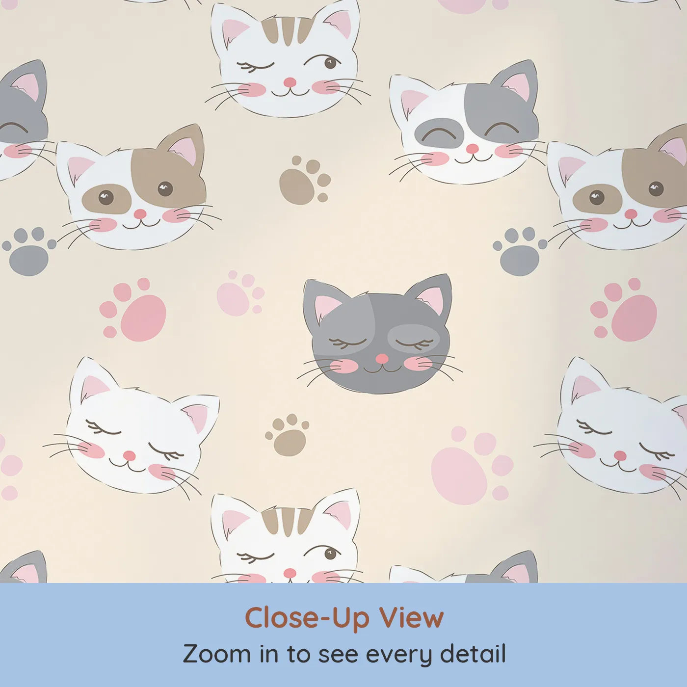 Close-up view of Whimsy Tots' Whisker Wink Kitty Wallpaper in Beige (W3101B).Cheeky cat faces and pawprints spark playful grins.