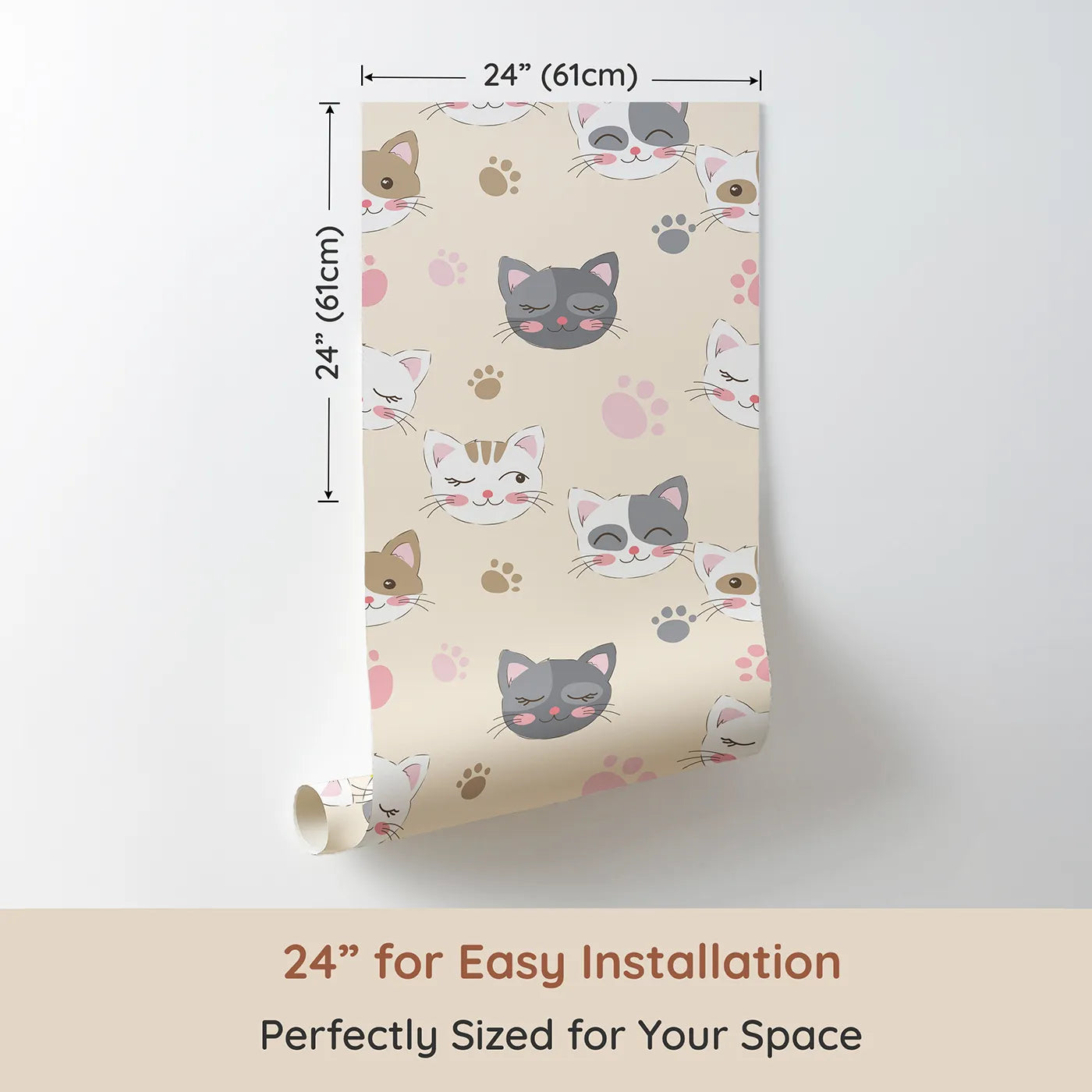 Dimension view of Whimsy Tots Whisker Wink Kitty Wallpaper in Beige (W3101B). Printed in 24-inch-wide panel for easy installation. Cheeky cat faces and pawprints spark playful grins.