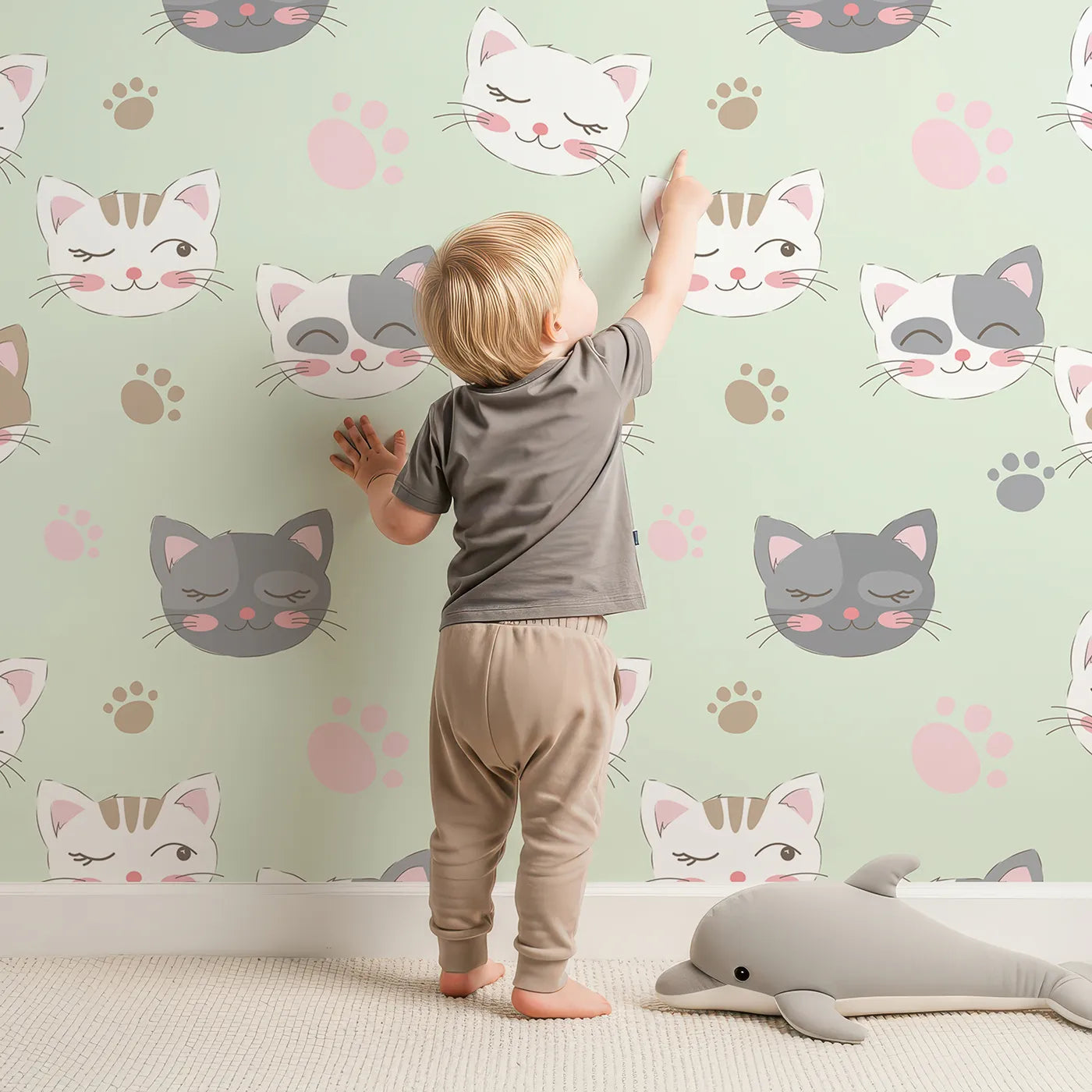 Lovely child standing in front of Whimsy Tots Whisker Wink Kitty Wallpaper in Mint Green with cat, pawprint, whisker, smile in design.