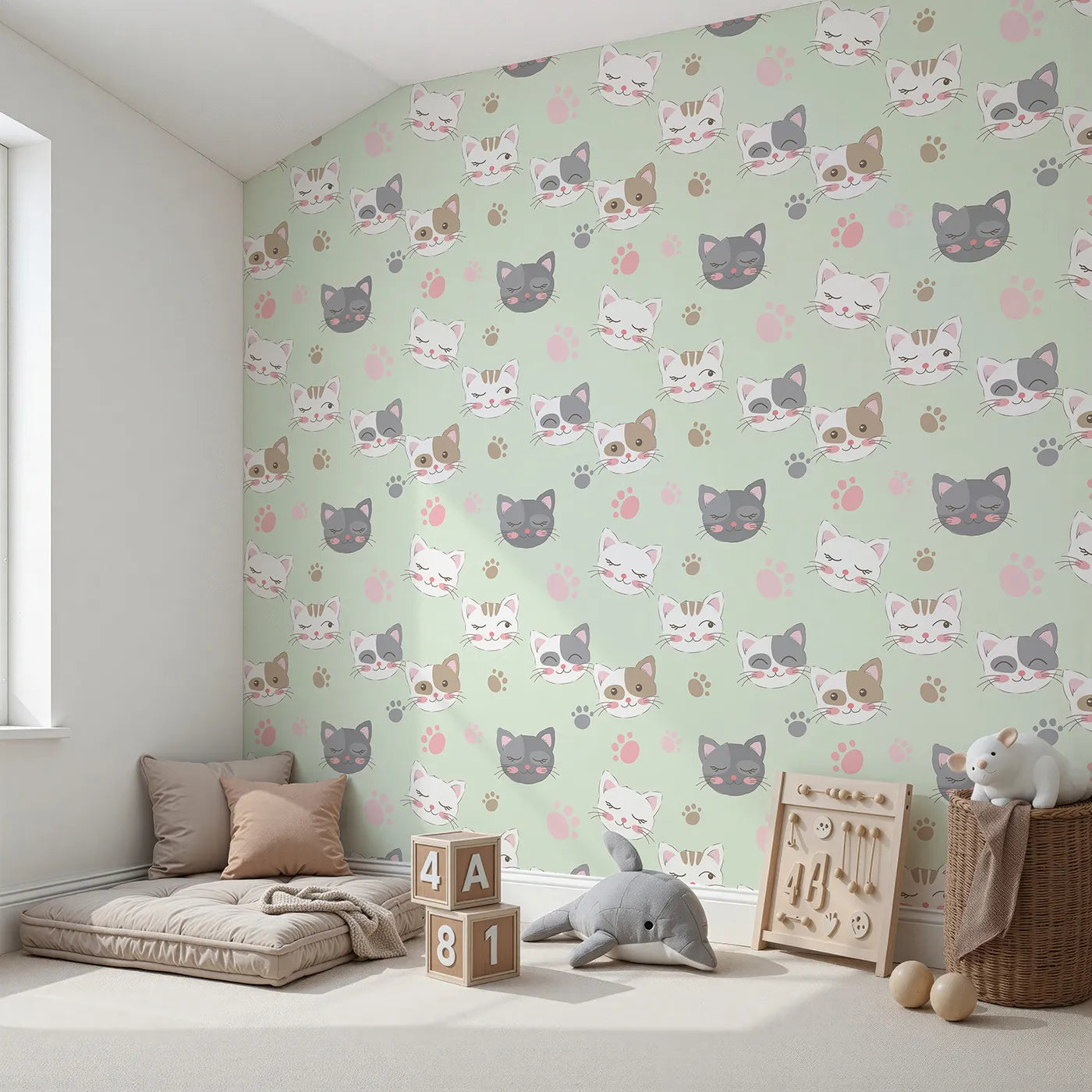 Angled view of Whimsy Tots' Whisker Wink Kitty Wallpaper in Mint Green (W3101C).Cheeky cat faces and pawprints spark playful grins.