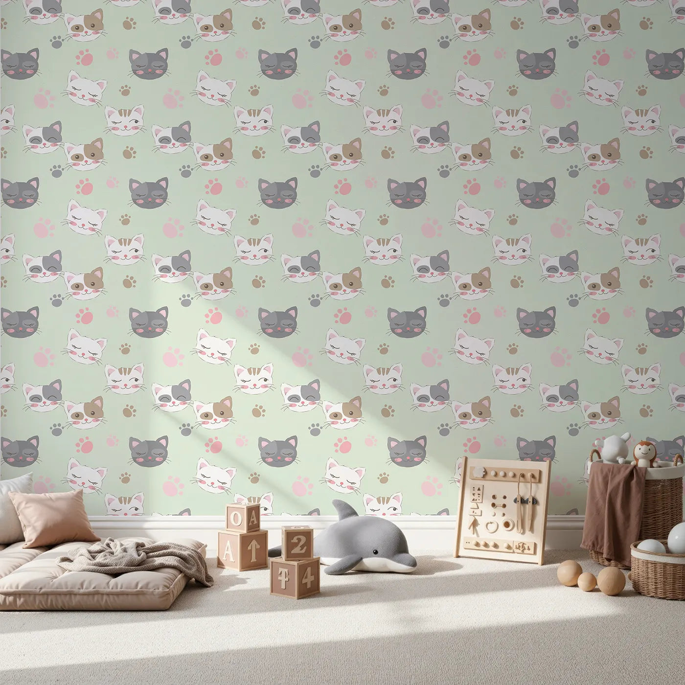Front view of Whimsy Tots' Whisker Wink Kitty Wallpaper in Mint Green