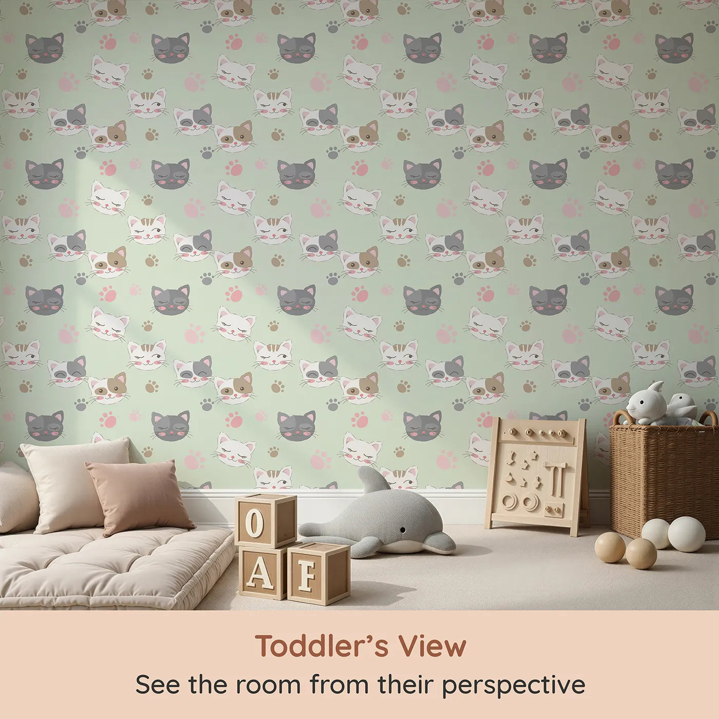 Whimsy Tots Whisker Wink Kitty Wallpaper in Mint Green (W3101C) from your child's view.Cheeky cat faces and pawprints spark playful grins.