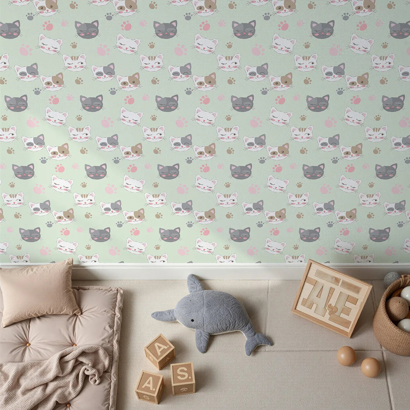 Top-Down view of Whimsy Tots' Whisker Wink Kitty Wallpaper in Mint Green (W3101C).Cheeky cat faces and pawprints spark playful grins.
