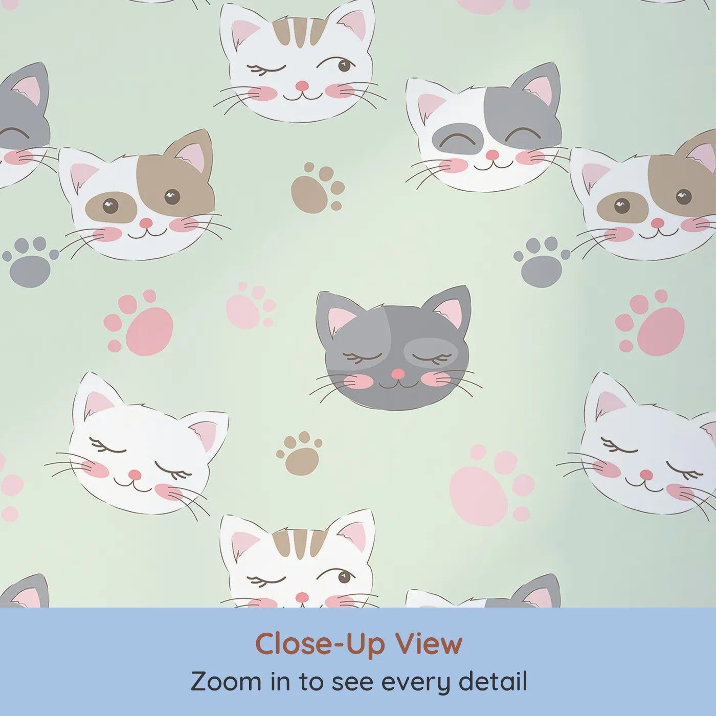 Close-up view of Whimsy Tots' Whisker Wink Kitty Wallpaper in Mint Green (W3101C).Cheeky cat faces and pawprints spark playful grins.